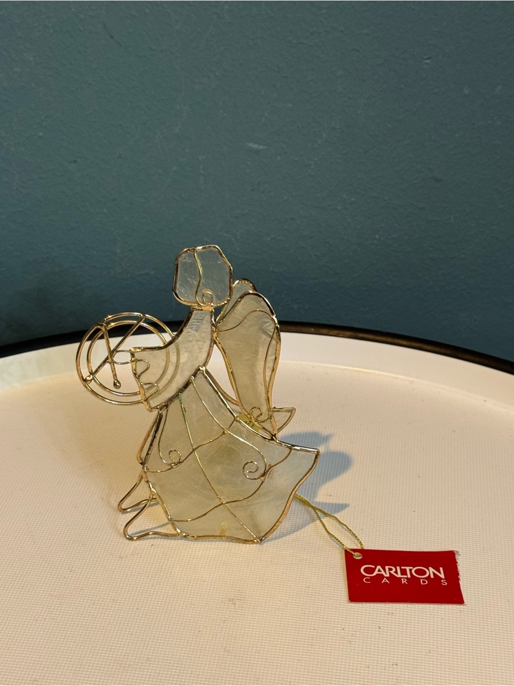 NWT Carlton Cards Capiz & Gold Wire Glass Angel Figurine with Drums